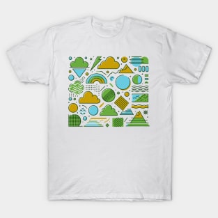 Sky Blue Brown Green 80s Retro Geometric Pattern T-Shirt